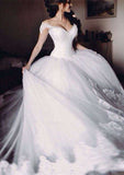 Lace Off-The-Shoulder Ball Gown Wedding Dress with Sweep Train and Tulle Fabric BM bride