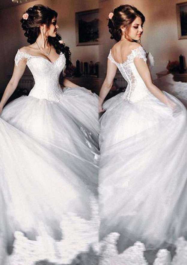 Lace Off-The-Shoulder Ball Gown Wedding Dress with Sweep Train and Tulle Fabric BM bride