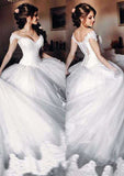 Lace Off-The-Shoulder Ball Gown Wedding Dress with Sweep Train and Tulle Fabric BM bride