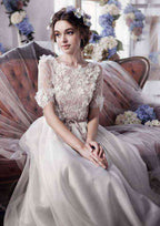 Charming Tulle Wedding Dress: A-Line/Princess Bateau Court Train with Floral Accents BM bride