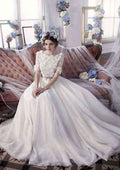 Charming Tulle Wedding Dress: A-Line/Princess Bateau Court Train with Floral Accents BM bride