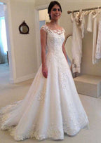 Charming Appliqued A-Line Tulle Wedding Dress with Sleeveless Scoop Neck and Cathedral Train BM bride