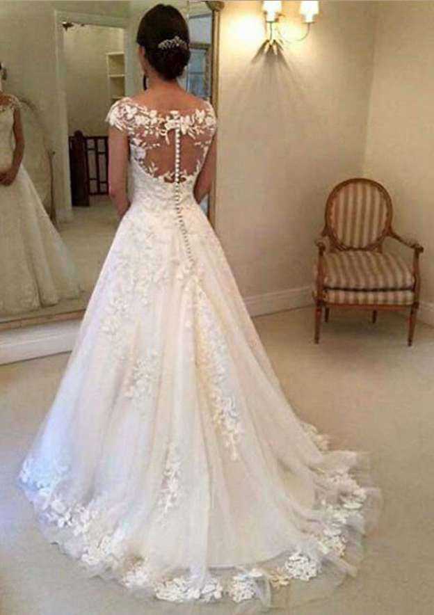 Charming Appliqued A-Line Tulle Wedding Dress with Sleeveless Scoop Neck and Cathedral Train BM bride