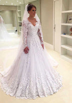 Romantic Appliqued Lace Rhinestone Scalloped Neck Ball Gown Tulle Wedding Dress with Court Train BM bride