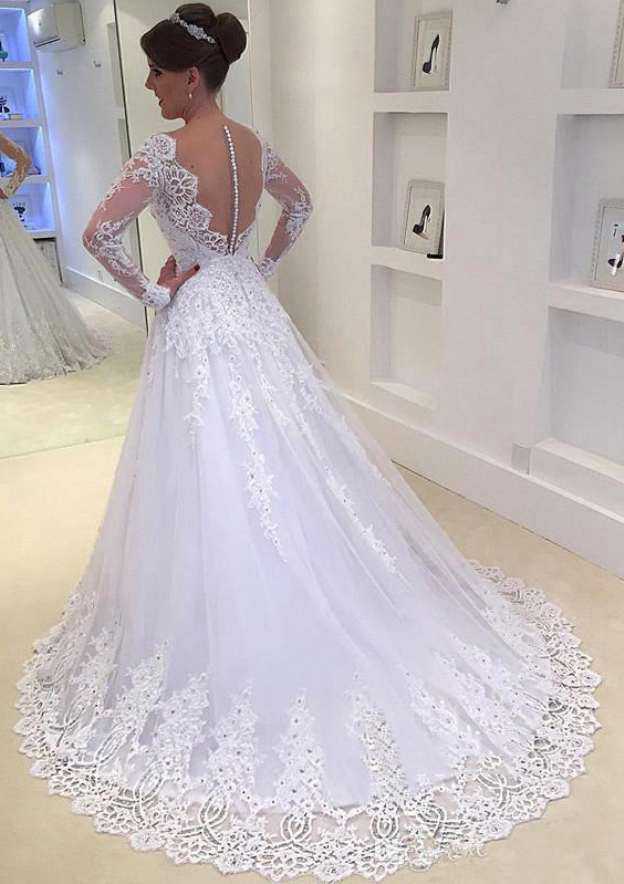 Romantic Appliqued Lace Rhinestone Scalloped Neck Ball Gown Tulle Wedding Dress with Court Train BM bride