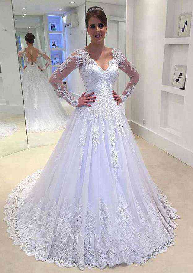 Romantic Appliqued Lace Rhinestone Scalloped Neck Ball Gown Tulle Wedding Dress with Court Train BM bride