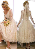 Lace Tea-Length A-Line/Princess Wedding Dress with 3/4 Sleeves, Sweetheart Neckline, and Covered Button Detailing BM bride
