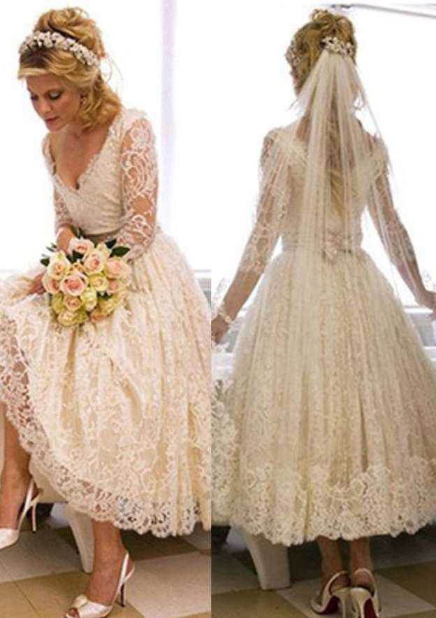 Lace Tea-Length A-Line/Princess Wedding Dress with 3/4 Sleeves, Sweetheart Neckline, and Covered Button Detailing BM bride