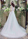 Graceful Lace V-Neck Tulle A-Line/Princess Wedding Dress with Court Train BM bride