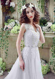 Graceful Lace V-Neck Tulle A-Line/Princess Wedding Dress with Court Train BM bride