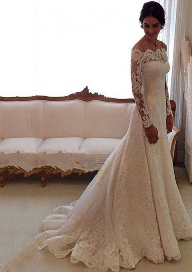 Beautiful Scalloped Neck Court Train A-Line Wedding Dress with Applique Lace BM bride