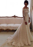 Beautiful Scalloped Neck Court Train A-Line Wedding Dress with Applique Lace BM bride