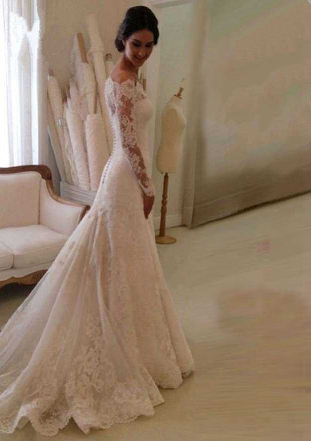 Beautiful Scalloped Neck Court Train A-Line Wedding Dress with Appliqued Lace BM bride