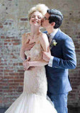 Chic V-Neck Court Train Tulle Wedding Dress with Appliqued Details in Sleek Sheath/Column Style BM bride