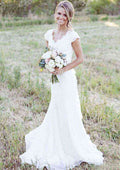 Appliqued Lace Sweep Train Sheath/Column Wedding Dress with Sleeveless V-Neck BM bride