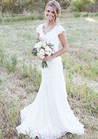 Appliqued Lace Sweep Train Sheath/Column Wedding Dress with Sleeveless V-Neck BM bride
