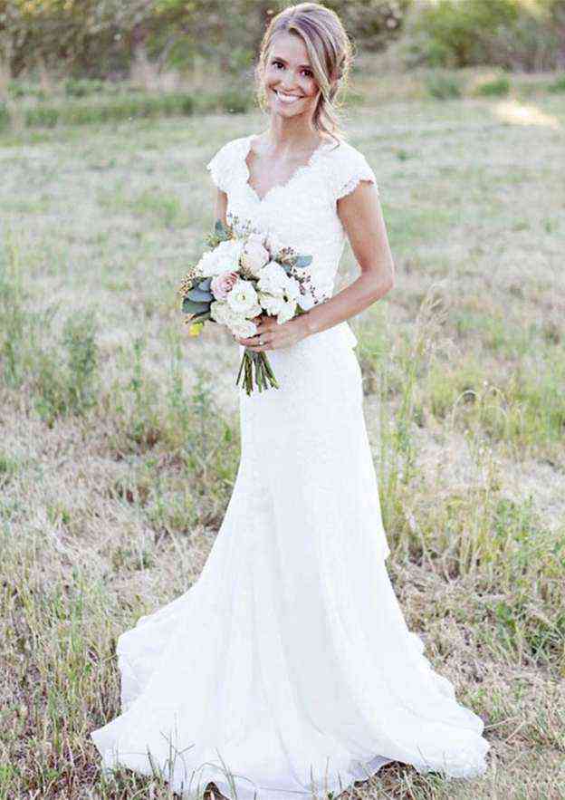 Appliqued Lace Sweep Train Sheath/Column Wedding Dress with Sleeveless V-Neck BM bride