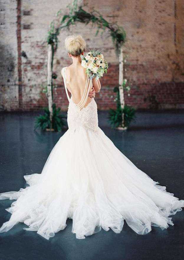 Chic V-Neck Court Train Tulle Wedding Dress with Appliqued Details in Sleek Sheath/Column Style BM bride