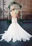 Chic V-Neck Court Train Tulle Wedding Dress with Appliqued Details in Sleek Sheath/Column Style BM bride