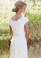 Appliqued Lace Sweep Train Sheath/Column Wedding Dress with Sleeveless V-Neck BM bride
