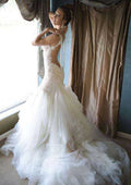 Chic V-Neck Court Train Tulle Wedding Dress with Appliqued Details in Sleek Sheath/Column Style BM bride
