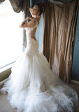 Chic V-Neck Court Train Tulle Wedding Dress with Appliqued Details in Sleek Sheath/Column Style BM bride