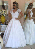 Elegant Chiffon Ball Gown: Long Floor-Length Short Sleeve V-Neck with Covered Buttons and Beaded Lace BM bride