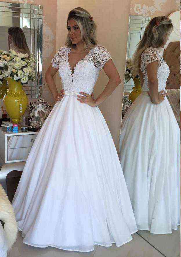 Elegant Chiffon Ball Gown: Long Floor-Length Short Sleeve V-Neck with Covered Buttons and Beaded Lace BM bride