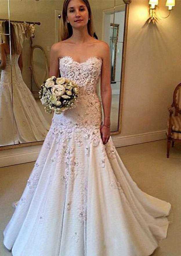 Charming Sleeveless Sweetheart A-Line/Princess Satin Sweep Train Wedding Dress with Lace-Up Back and Appliques BM bride