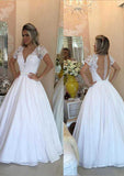 Elegant Chiffon Ball Gown: Long Floor-Length Short Sleeve V-Neck with Covered Buttons and Beaded Lace BM bride