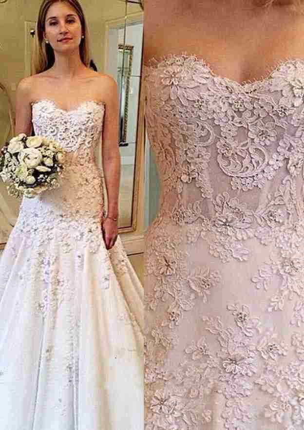 Charming Sleeveless Sweetheart A-Line/Princess Satin Sweep Train Wedding Dress with Lace-Up Back and Appliques BM bride