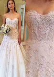 Charming Sleeveless Sweetheart A-Line/Princess Satin Sweep Train Wedding Dress with Lace-Up Back and Appliques BM bride