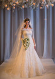 Elegant Lace Wedding Dress: A-Line/Princess Off-the-Shoulder with Sweep Train and Appliqued Accents BM bride