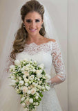 Elegant Lace Wedding Dress: A-Line/Princess Off-the-Shoulder with Sweep Train and Appliqued Accents BM bride