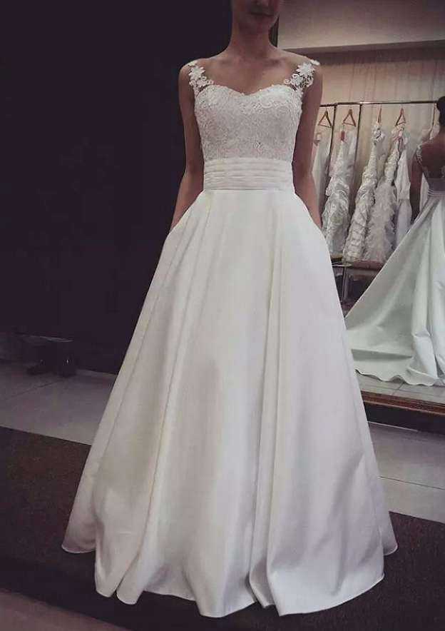 Lace A-Line/Princess Wedding Dress with Sweetheart Neckline and Long/Floor-Length Satin Skirt BM bride