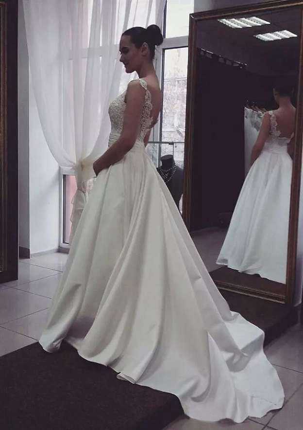 Lace A-Line/Princess Wedding Dress with Sweetheart Neckline and Long/Floor-Length Satin Skirt BM bride