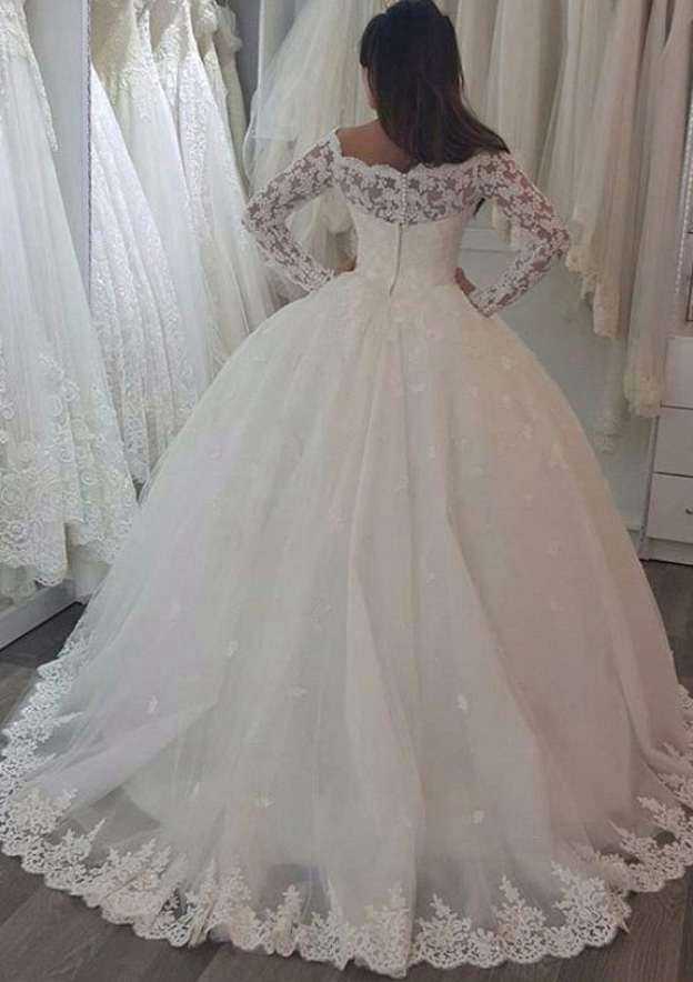 Elegant Lace Ball Gown Wedding Dress Off-the-Shoulder with Court Train BM bride