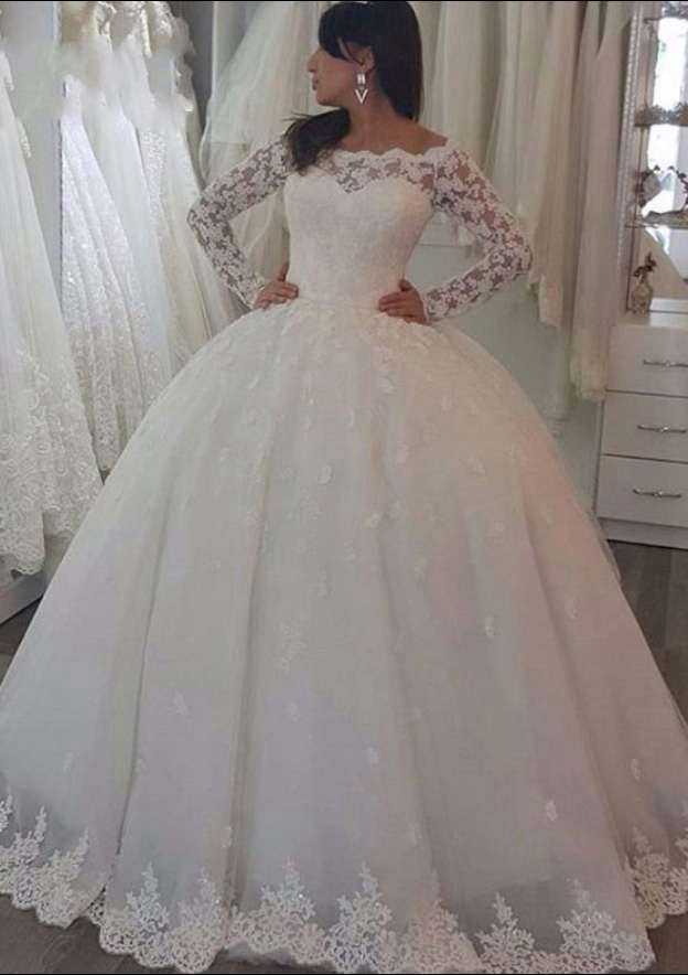 Elegant Lace Ball Gown Wedding Dress Off-the-Shoulder with Court Train BM bride