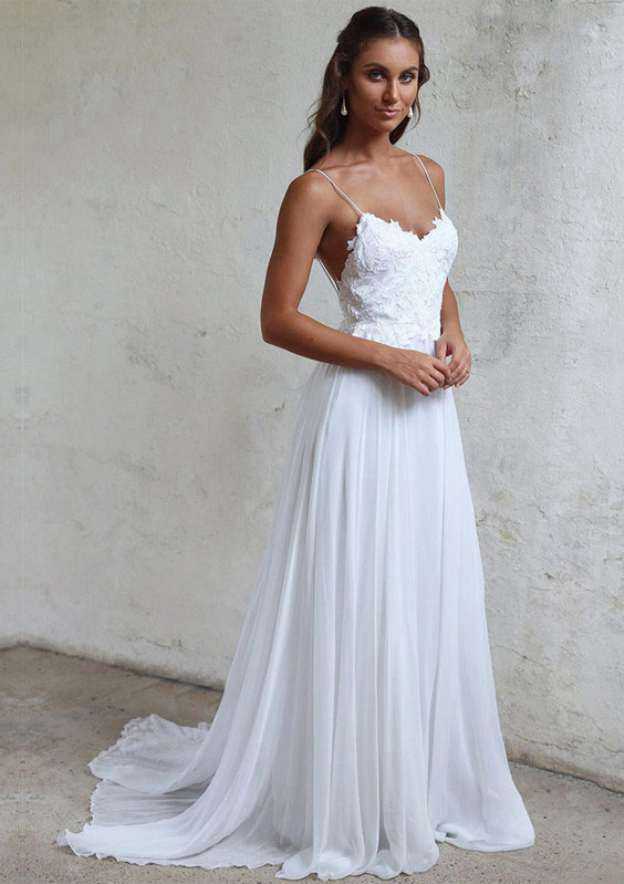 Lace A-Line/Princess Chiffon Wedding Dress with Sweetheart Neckline and Sweep Train BM bride