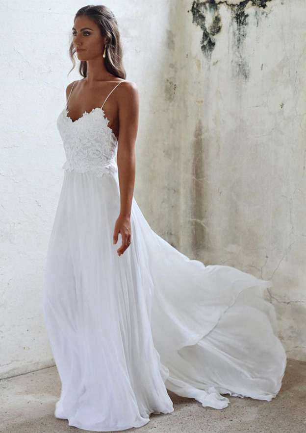 Lace A-Line/Princess Chiffon Wedding Dress with Sweetheart Neckline and Sweep Train BM bride