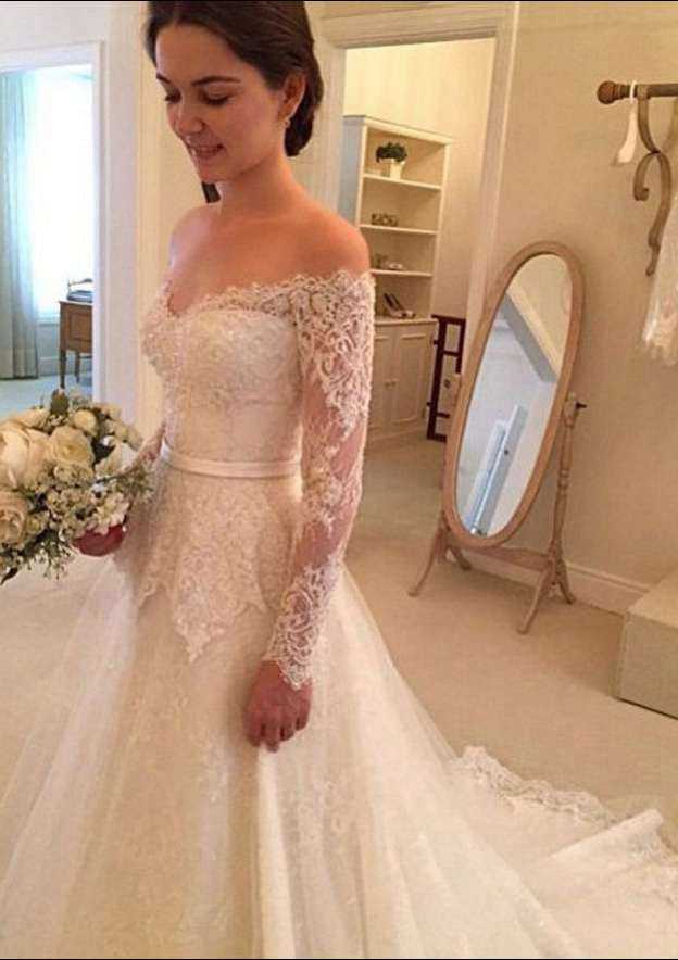 Graceful Appliqued Off-The-Shoulder Full/Long Sleeve Tulle A-Line/Princess Wedding Dress with Sweep Train BM bride