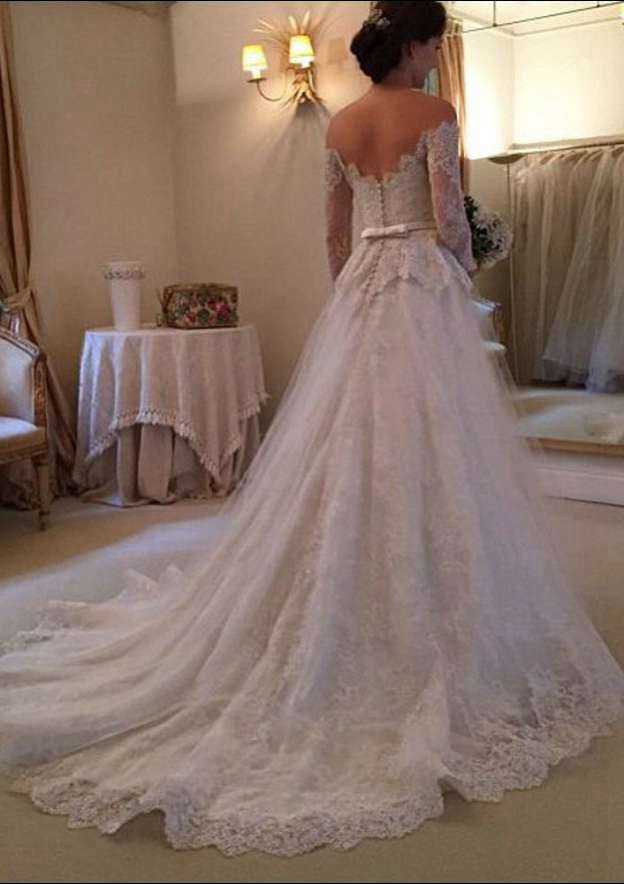 Graceful Appliqued Off-The-Shoulder Full/Long Sleeve Tulle A-Line/Princess Wedding Dress with Sweep Train BM bride