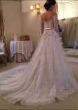 Graceful Appliqued Off-The-Shoulder Full/Long Sleeve Tulle A-Line/Princess Wedding Dress with Sweep Train BM bride