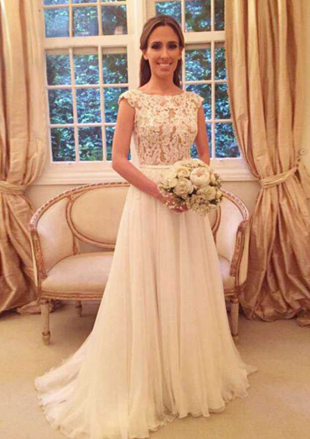 Elegant Applique Tulle A-Line Wedding Dress with Bateau Neckline and Sweep Train BM bride