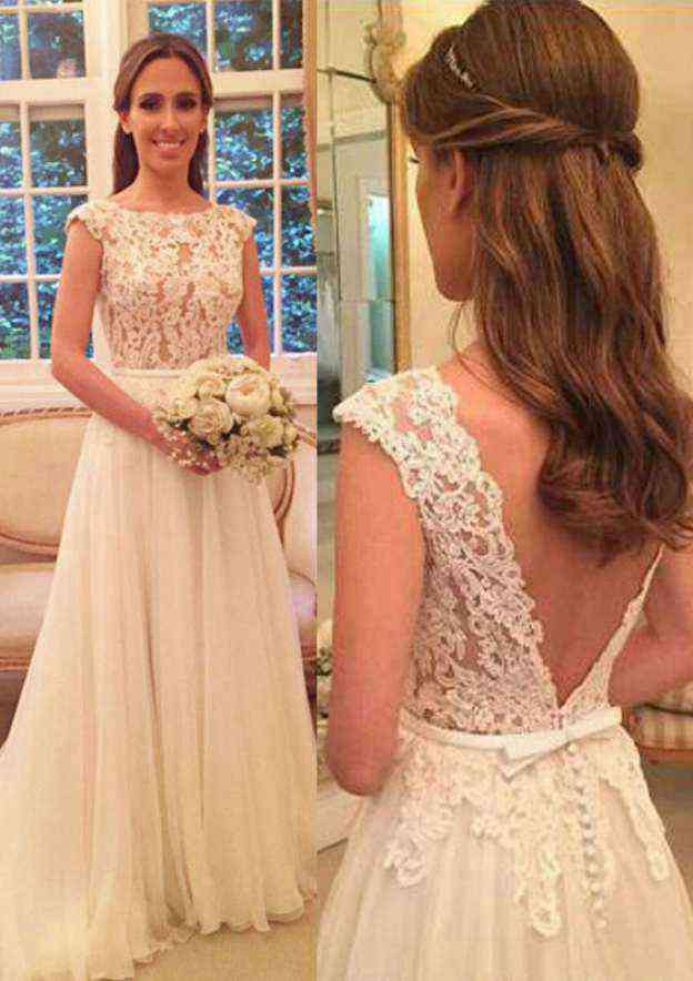 Elegant Appliqued Tulle A-Line Wedding Dress with Bateau Neckline and Sweep Train BM bride