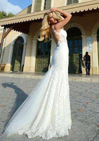 Scalloped Neck Sheath/Column Lace Wedding Dress with Sweep Train BM bride