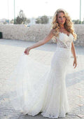 Scalloped Neck Sheath/Column Lace Wedding Dress with Sweep Train BM bride