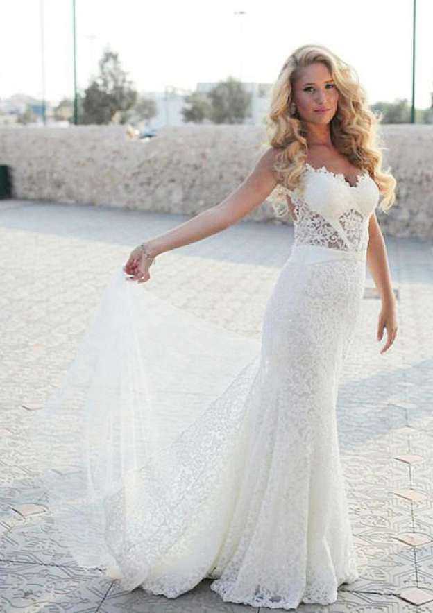 Scalloped Neck Sheath/Column Lace Wedding Dress with Sweep Train BM bride