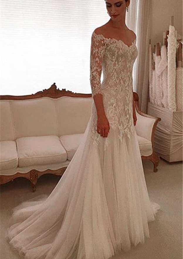 Charming Tulle Sweep Train Sheath/Column Wedding Dress with 3/4 Sleeves, Off-The-Shoulder Design, and Covered Button with Appliqued BM bride