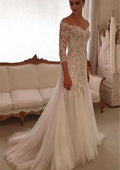 Charming Tulle Sweep Train Sheath/Column Wedding Dress with 3/4 Sleeves, Off-The-Shoulder Design, and Covered Button with Appliqued BM bride
